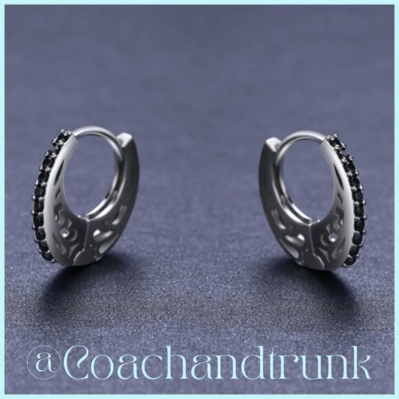 Silver Channel Set Black Spinel Oval Hoop Hinged Style Earrings Filigree Sides - Picture 2 of 4